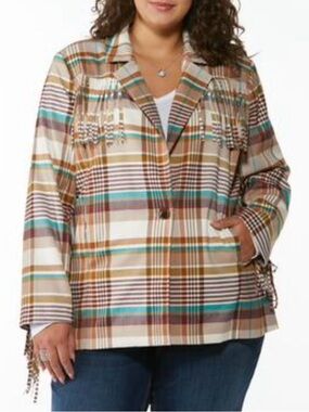 Cato Plaid western Fringe Blazer in Tan, Brown and Teal 18/20W NWT